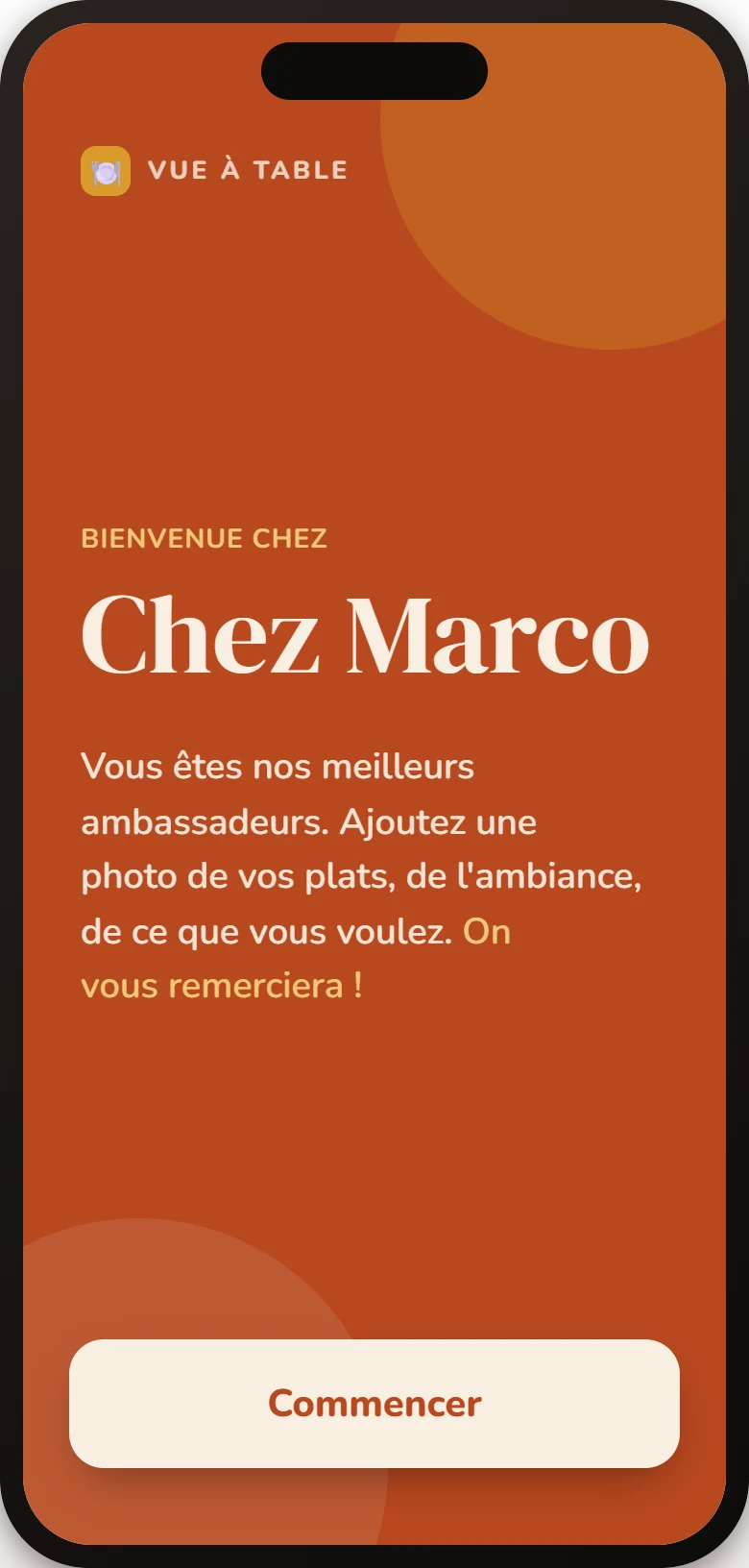 Écran d'accueil de l'app Vue à Table