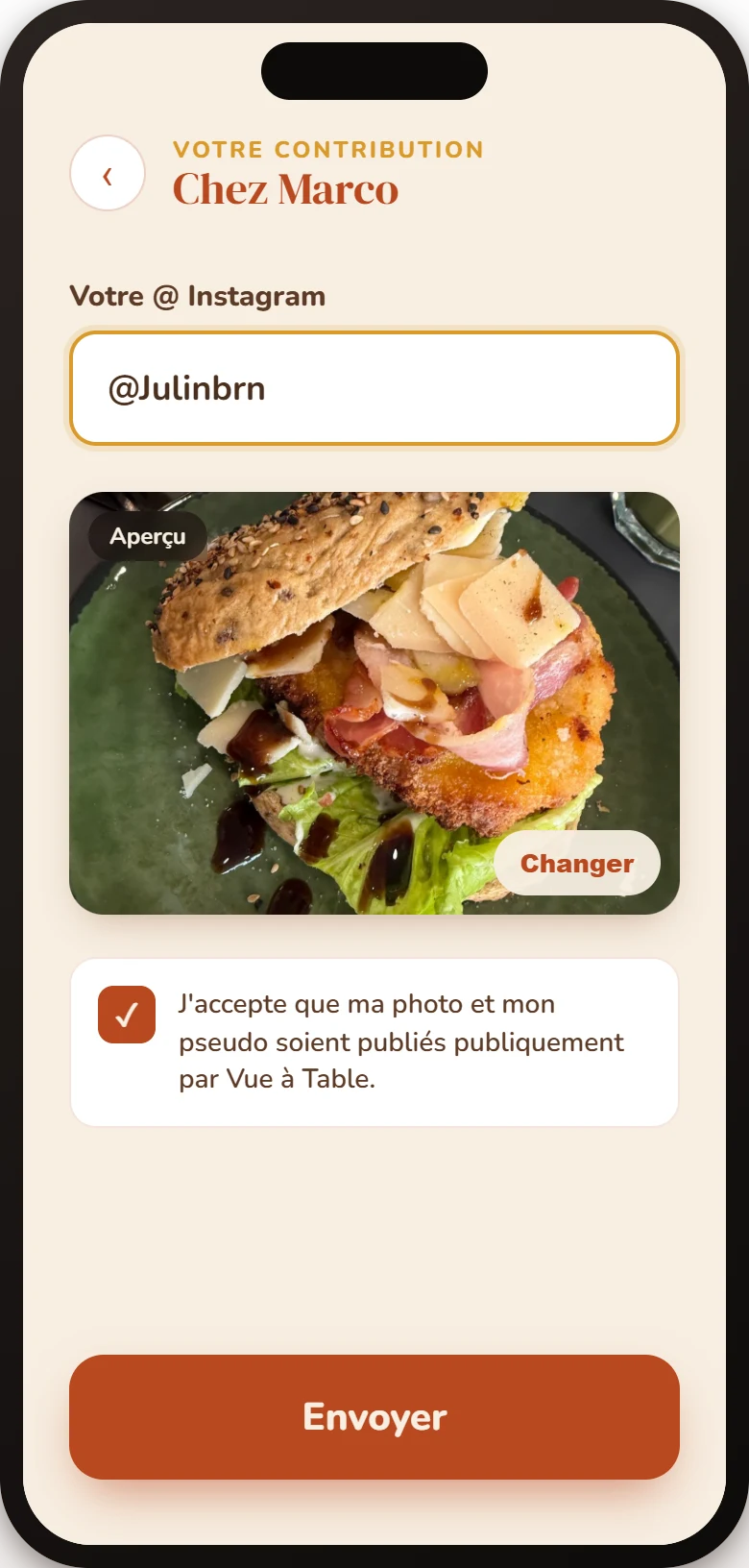 Écran de contribution de l'app Vue à Table