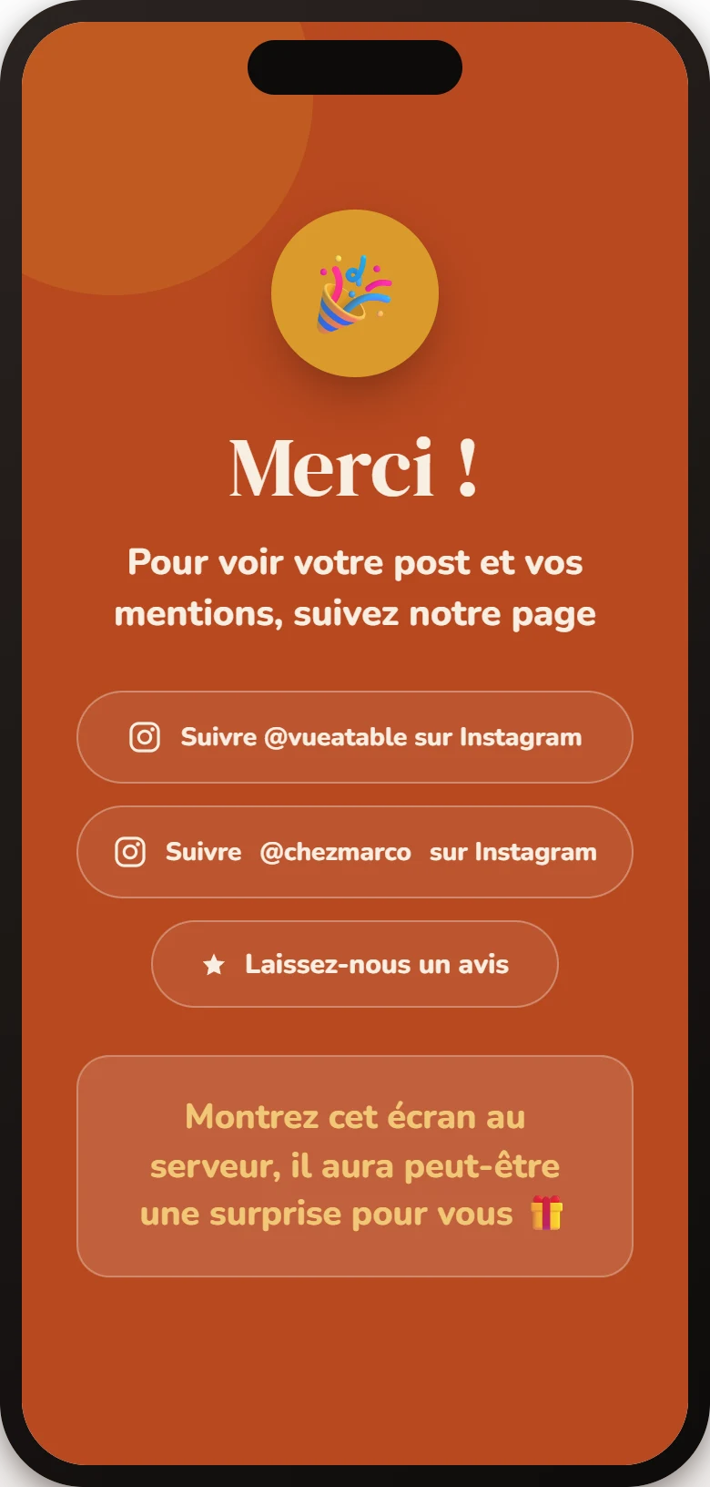 Écran de confirmation de l'app Vue à Table